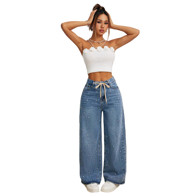 Fashion High Waist Loose Mop Pants Blue