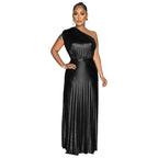 Elegant Bronzing Oblique Shoulder Sleeveless Dress Black