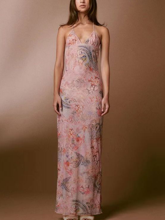 Floral Print Halter Spaghetti Straps Dress