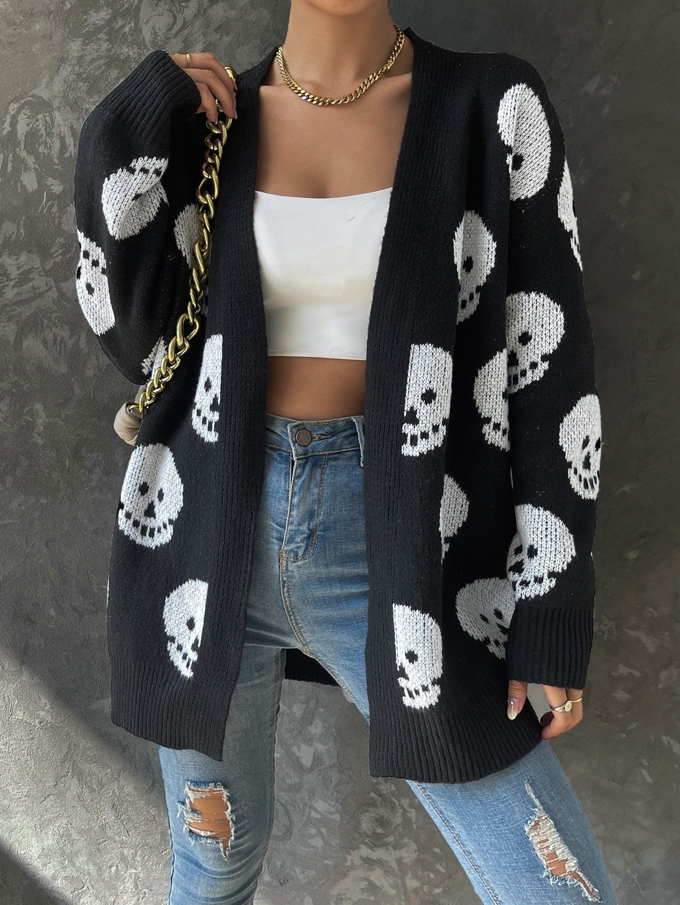 Halloween Skull Jacquard Knitted Cardigan