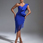 Oblique Shoulder One-piece Dress Blue
