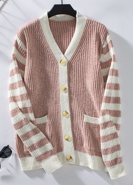 Women's Striped Loose Button Sweater Pink