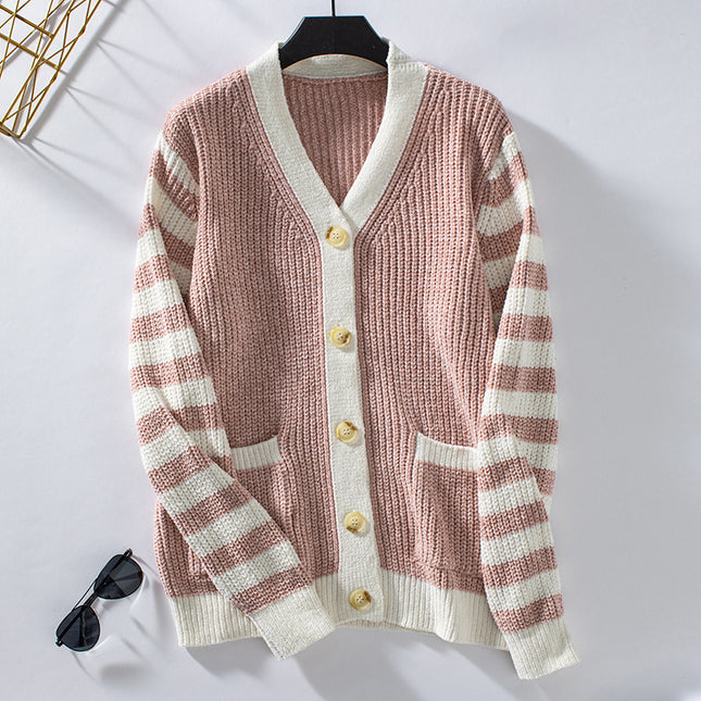 Women's Striped Loose Button Sweater Pink