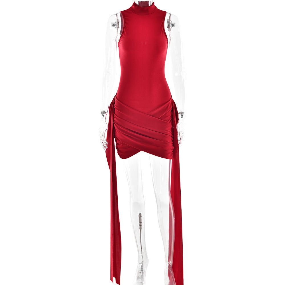 Sleeveless Bodycon Mini Dress With Side Slit & Tie Detail Wine red with ribbons