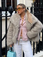 Winter Plush Coat Fashion Thicken Lapel Outwear Jacket Beige XS