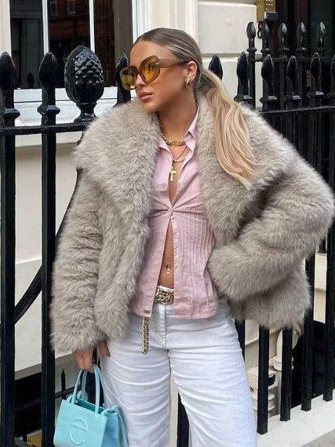 Winter Plush Coat Fashion Thicken Lapel Outwear Jacket Beige XS