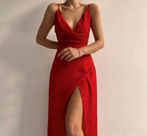 Slit Sling Summer Suspender Dress Red