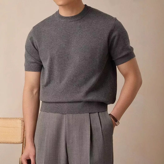 Men's Round Neck Short Sleeve Knitted T-shirt Dark Gray