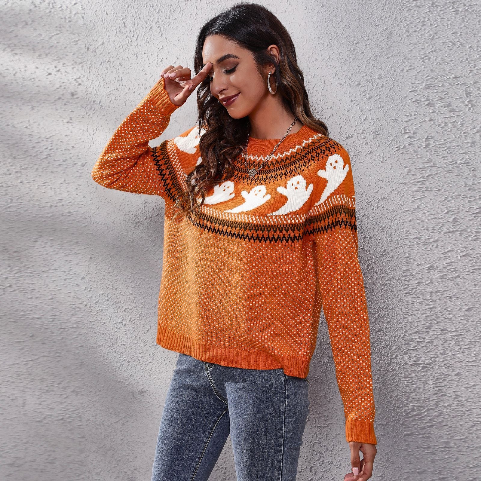 Halloween Cartoon Ghost Polka Dot Pullover Sweater Orange