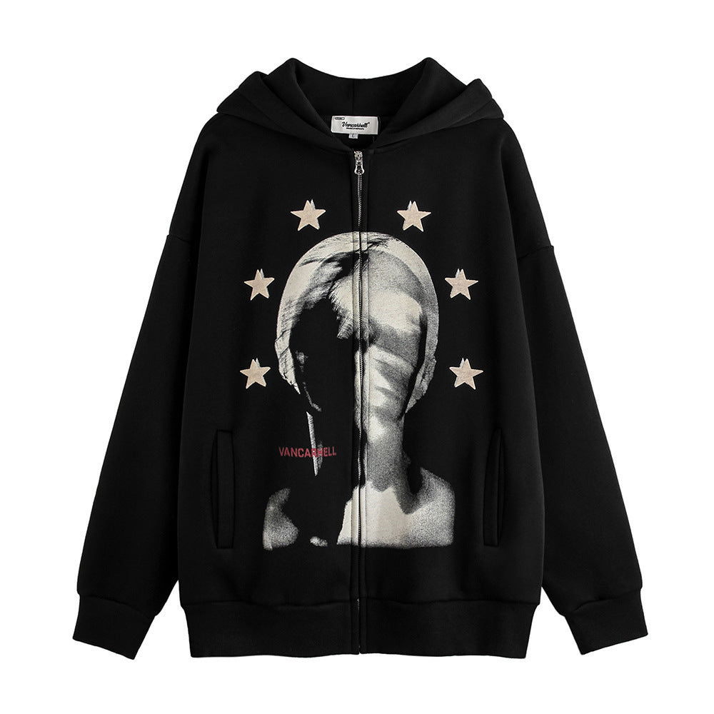 Men's Depressed Abstract Printing Fleece Hoodie Black