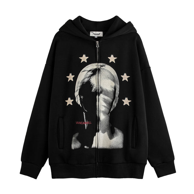 Men's Depressed Abstract Printing Fleece Hoodie Black