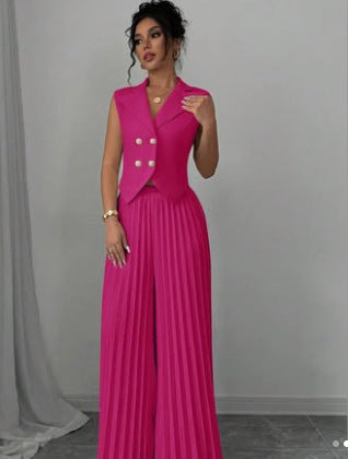 Lapel Button Vest Top And Pleated Pants set Wine red