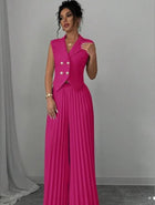Lapel Button Vest Top And Pleated Pants set Wine red