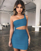 Slim One-shoulder Short Dress lake blue
