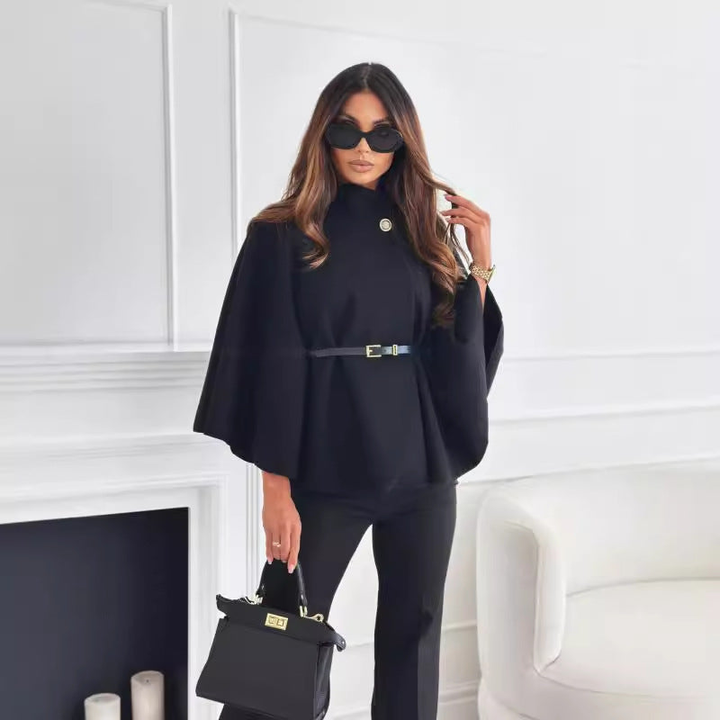 New Batwing Sleeves Cloak Top With Belt Jacket Woolen