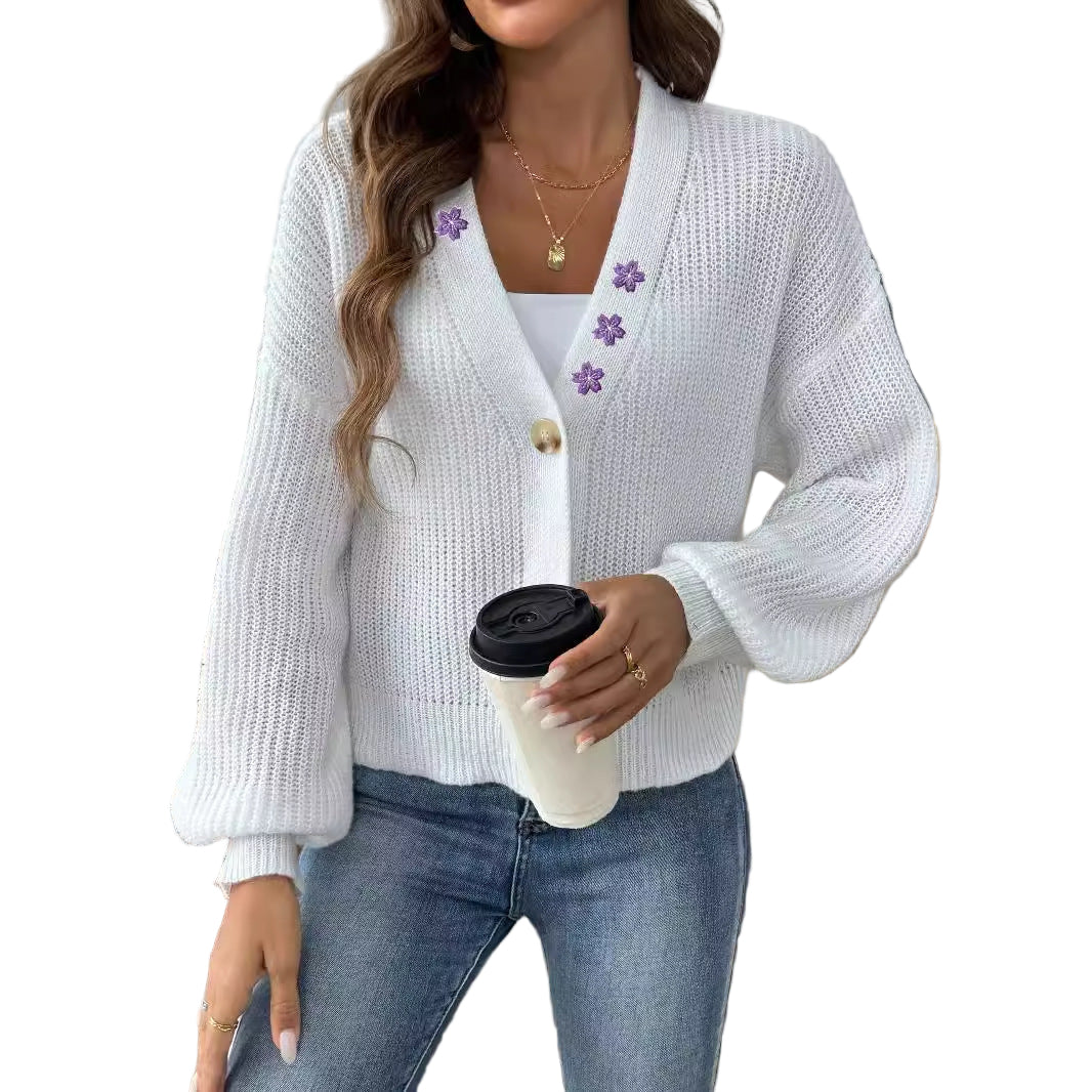 Embroidered Stickers Cardigan White