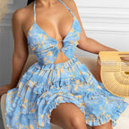 Hollow Out Strap Elegant Halter Printing Slip Dress Light blue