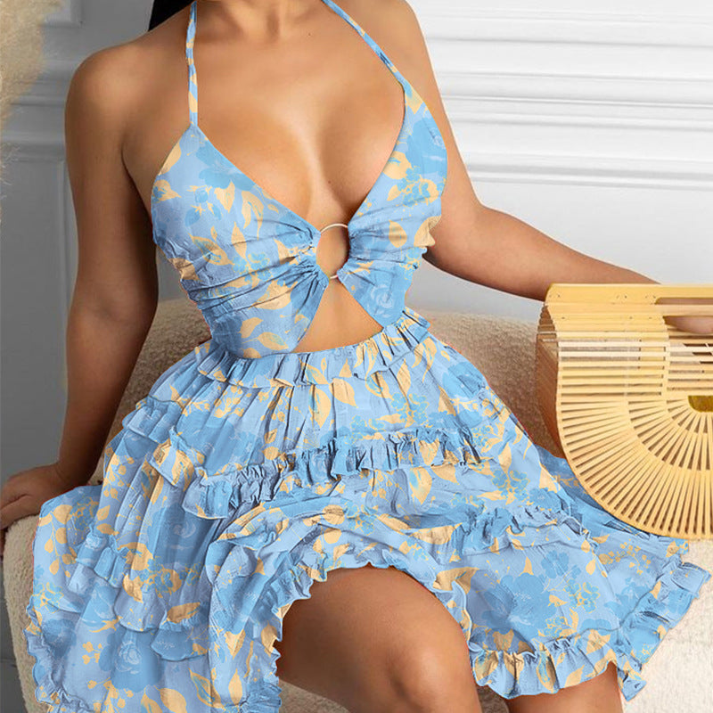 Hollow Out Strap Elegant Halter Printing Slip Dress Light blue