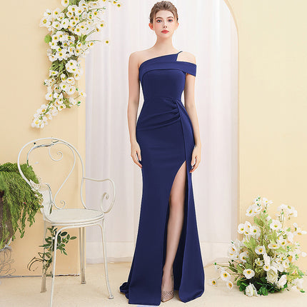 Temperament Ladies Banquet Long Fish Tail Dress Navy Blue