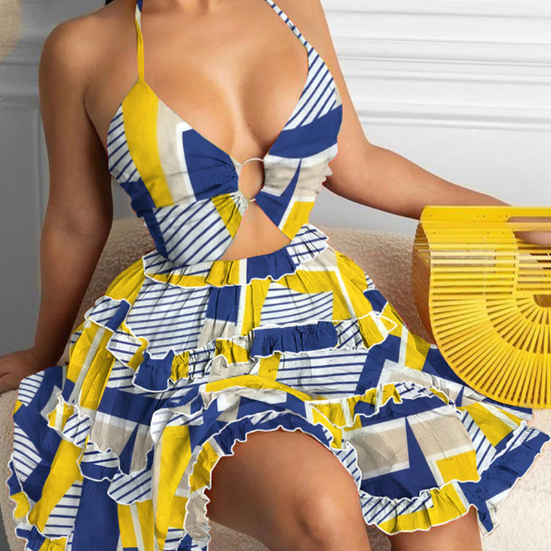 Hollow Out Strap Elegant Halter Printing Slip Dress Yellow