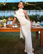 Wooden Ear Shoulder White One-piece Dress White