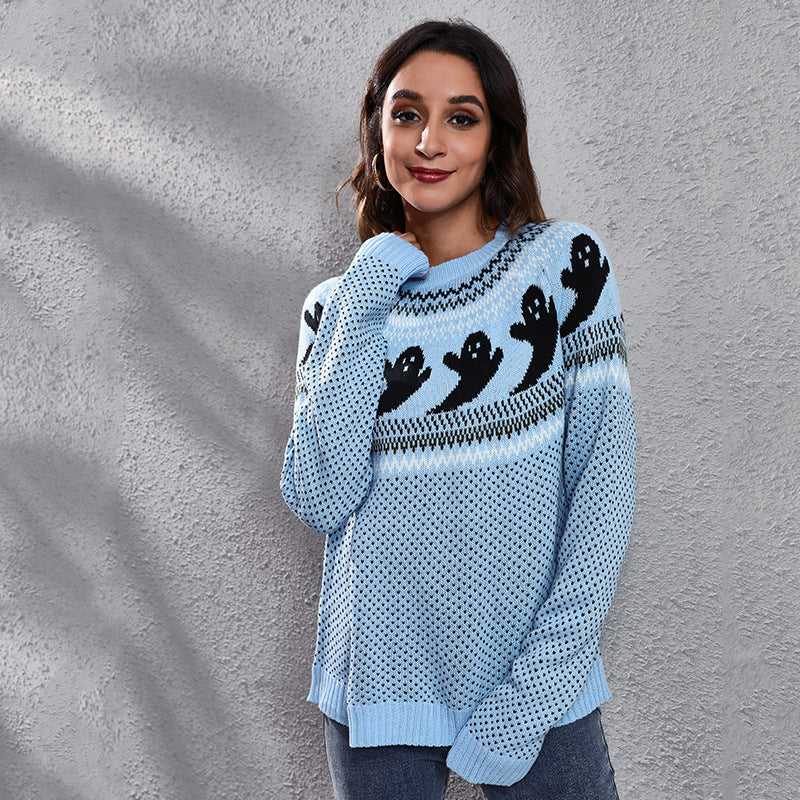 Halloween Cartoon Ghost Polka Dot Pullover Sweater Light blue