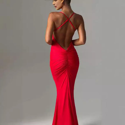 Women's Backless Cross Shoulder Strap Pleated Dress