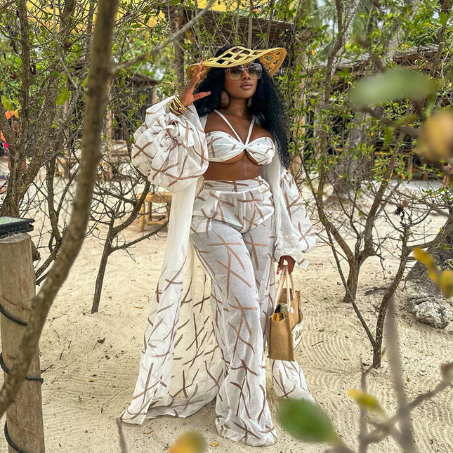 Sexy Beach Style Ladies Three-piece Set Beige