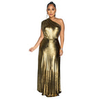 Elegant Bronzing Oblique Shoulder Sleeveless Dress Gold
