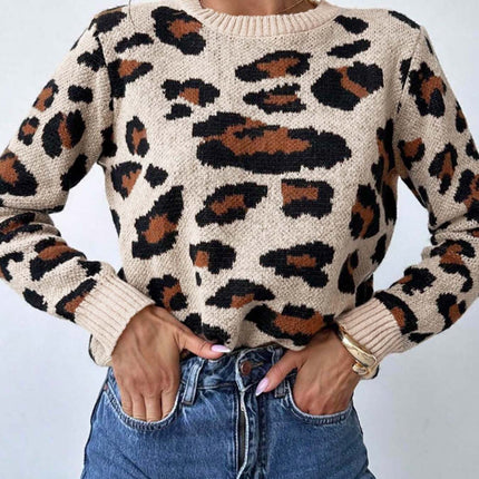 Retro Commute Leopard Print Pullover Sweater Khaki