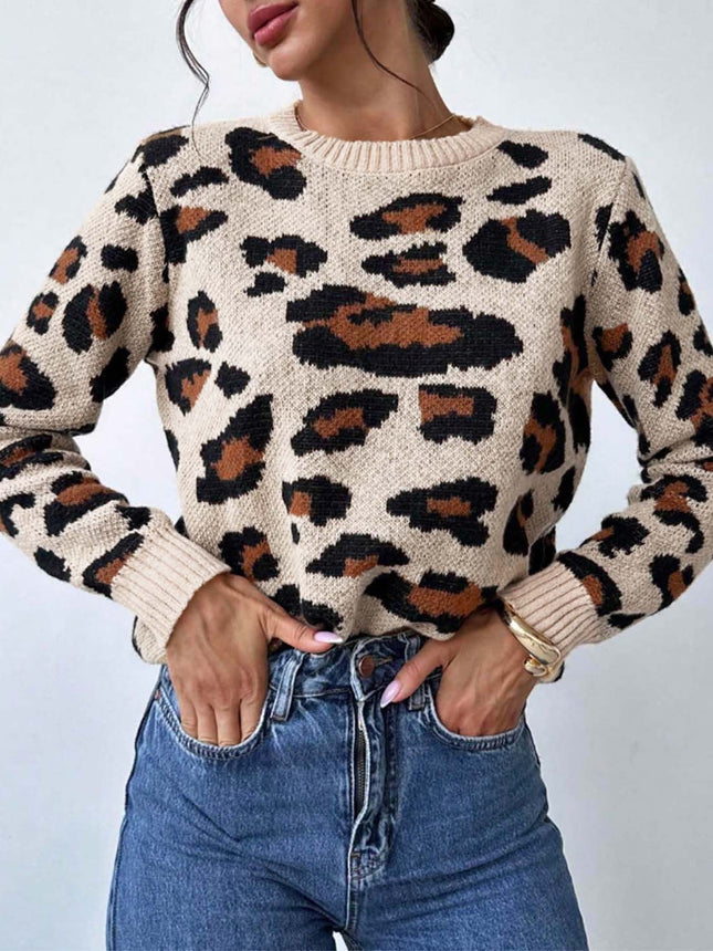 Retro Commute Leopard Print Pullover Sweater Khaki