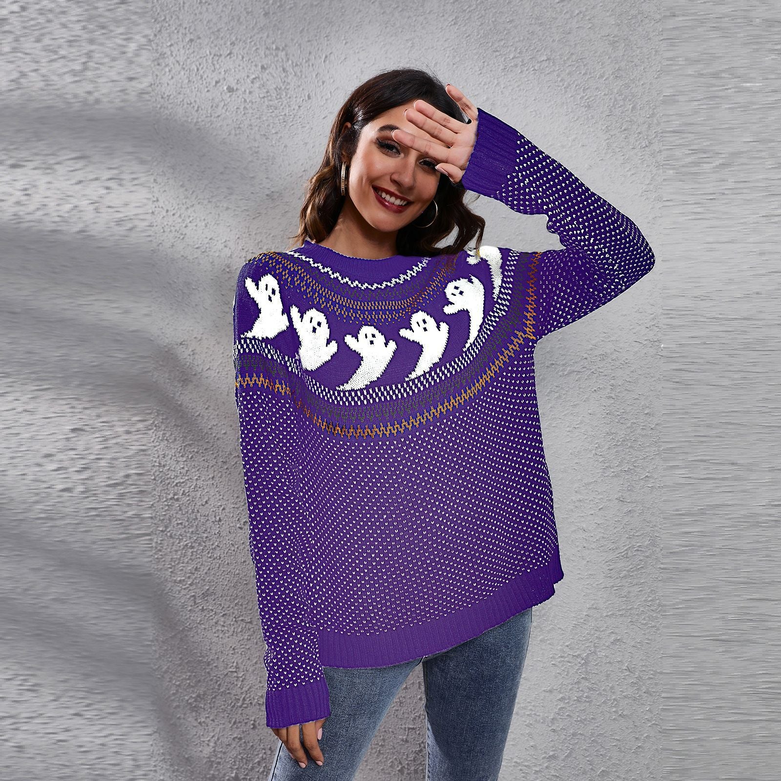 Halloween Cartoon Ghost Polka Dot Pullover Sweater Purple