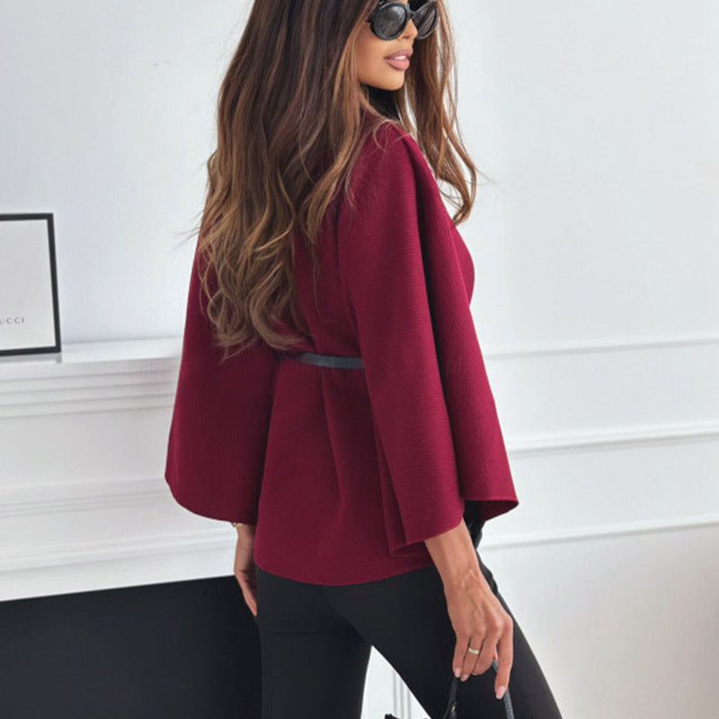 New Batwing Sleeves Cloak Top With Belt Jacket Woolen