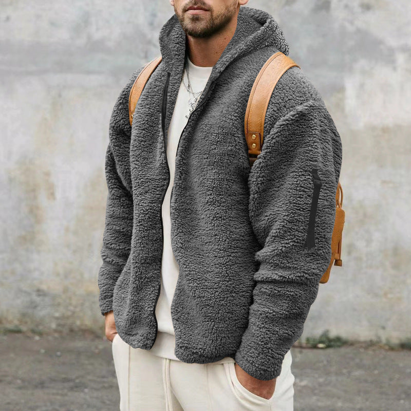 Plush Hooded Men's Autumn And Winter Fleece Double-sided Wear Warm Coat