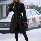 Women’s Double-breasted Trench Coat With Belt Winter Black