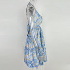 Hollow Out Strap Elegant Halter Printing Slip Dress