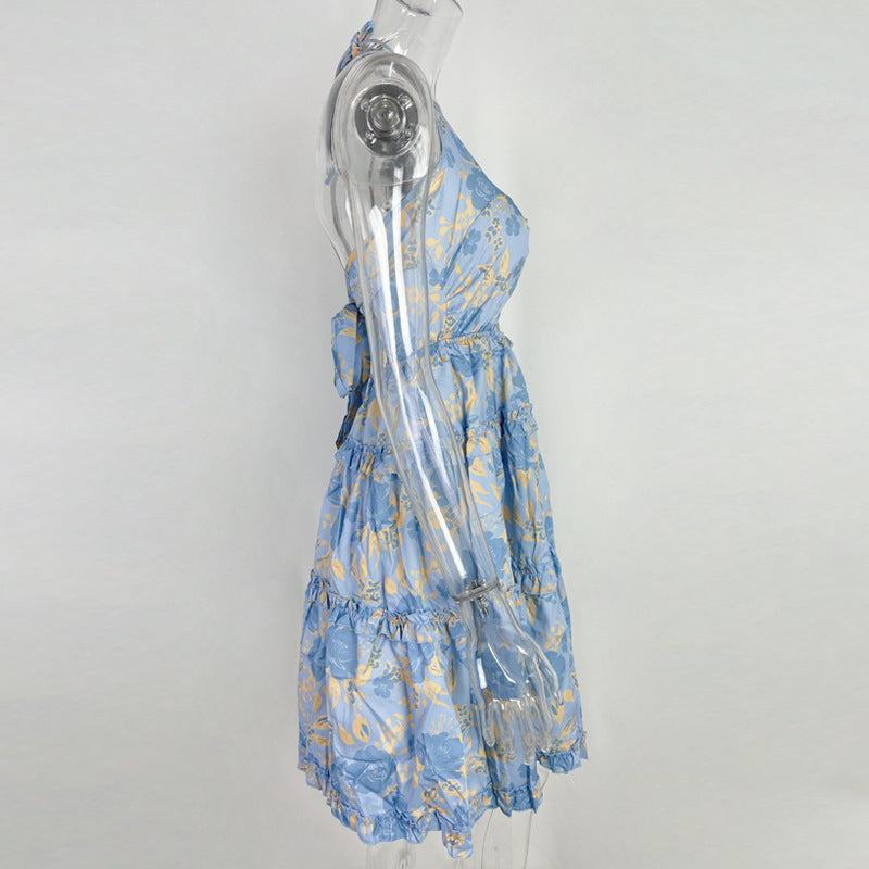 Hollow Out Strap Elegant Halter Printing Slip Dress