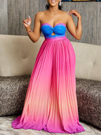 Summer Sexy Tube Top Backless Gradient Color Wide Leg Jumpsuit