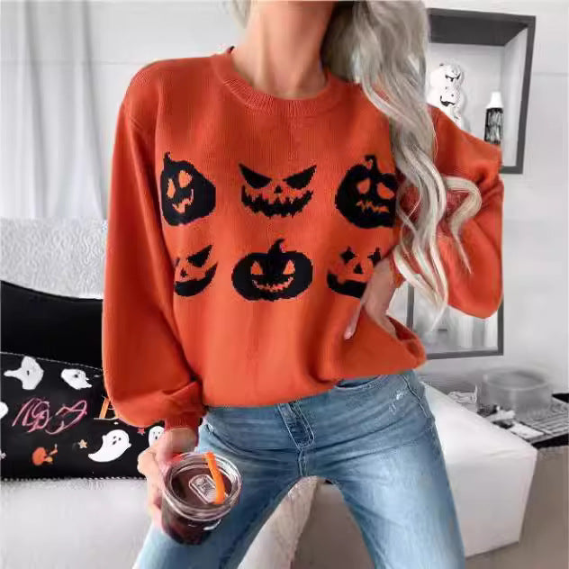 Orange Halloween Pumpkin Face Sweater