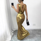 Women's Gold Deep V-neck Backless Slim Fit Long Dress