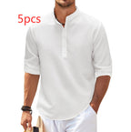 Men's Casual Shirt Long Sleeve Stand Collar Shirt White 5pcs S