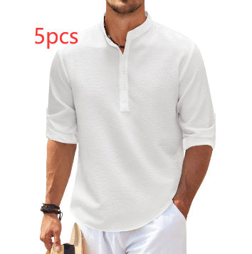 Men's Casual Shirt Long Sleeve Stand Collar Shirt White 5pcs S