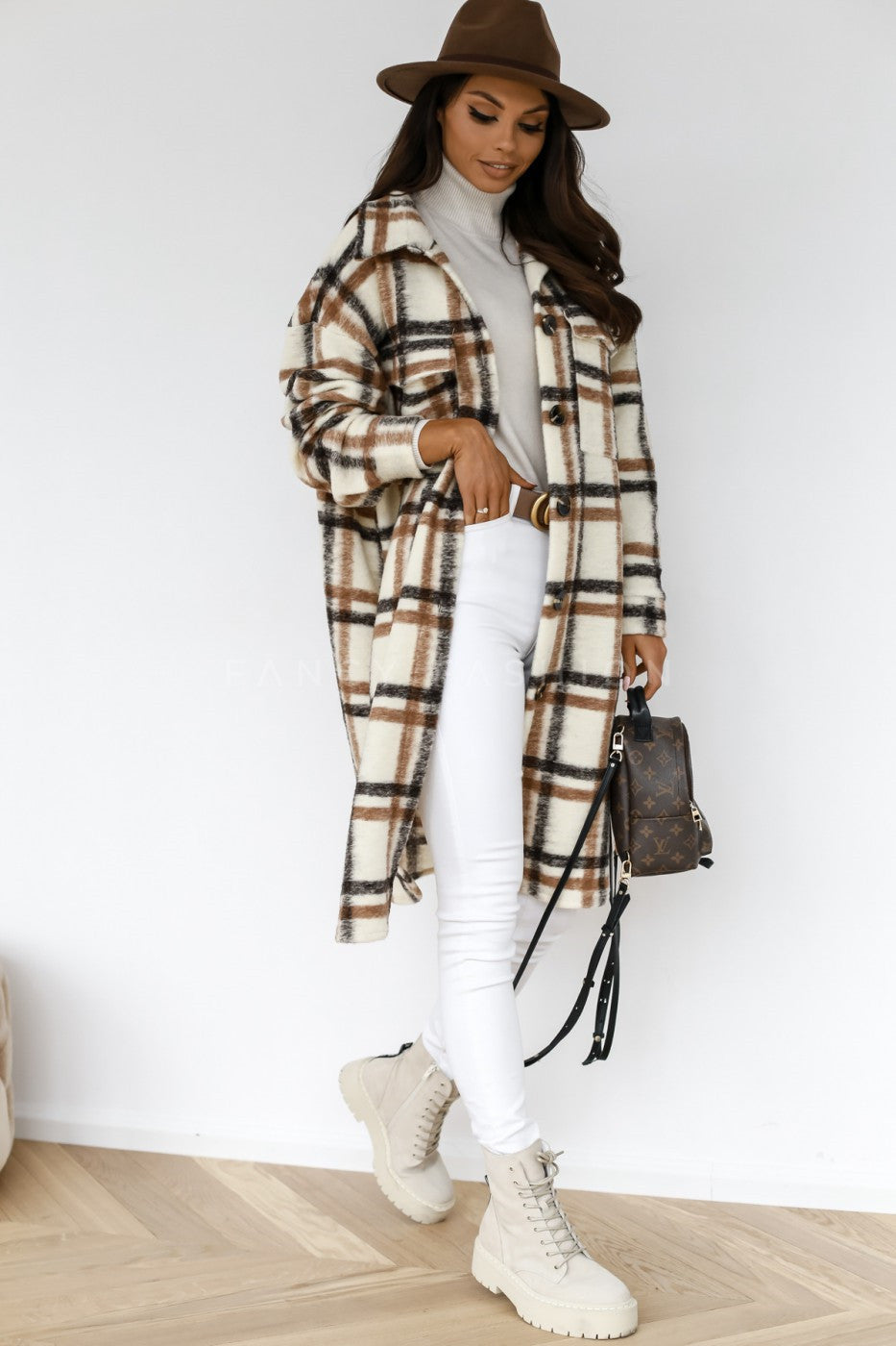Women’s Button Lapel Casual Warm Plaid Long Woolen Coat