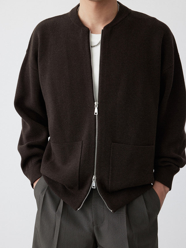 Heavy Two-way Zipper Knitted Cardigan Dark Brown