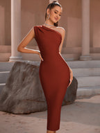 Elegant One Shoulder Sexy Dress Brown