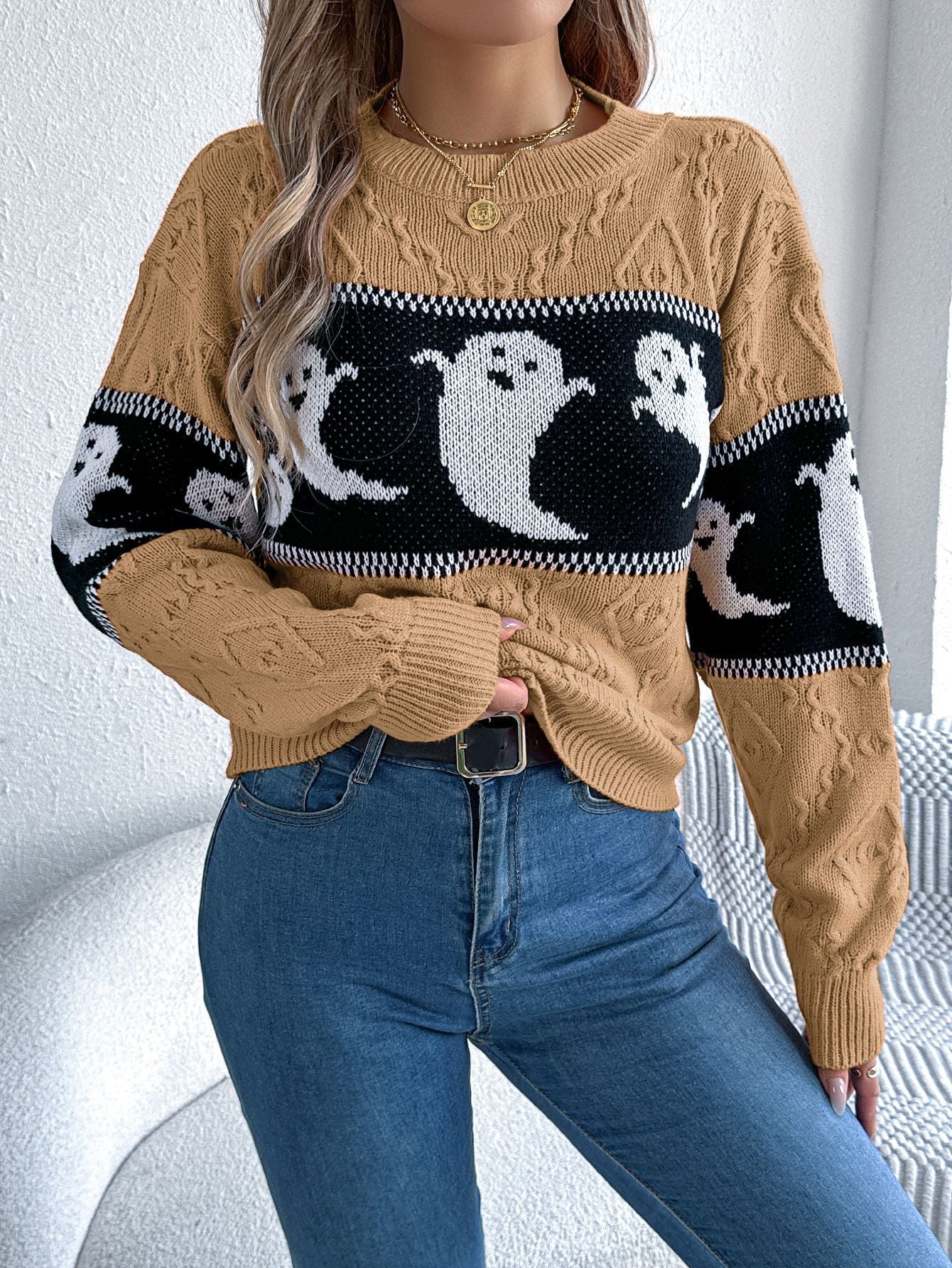 Halloween Knitted Pullover Khaki