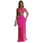 Tassel Stitching Tube Top One-piece Dress Rose Red