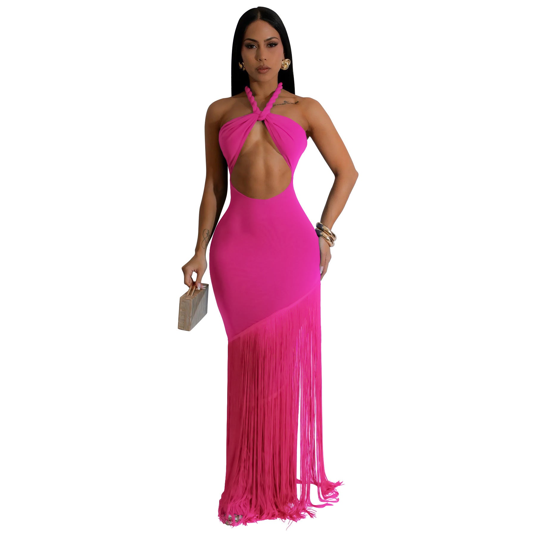 Tassel Stitching Tube Top One-piece Dress Rose Red