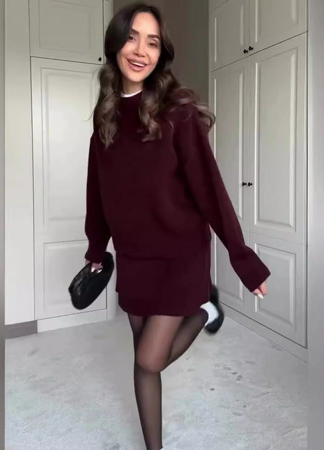 SS Sweater Skirt Sets Dark Red