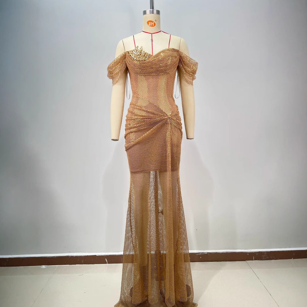Elegant Golden Off-shoulder Backless Slim Fit Pleated Floor Dress